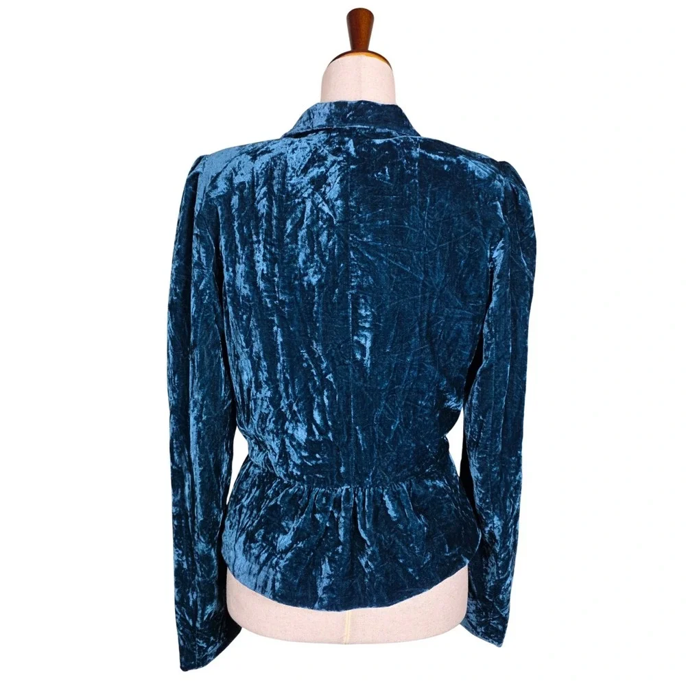 Vintage Crushed Velvet Jacket Blazer SZ S Regency Whimsigoth  Teal Blue Cinched